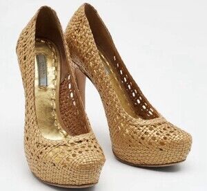 Prada Metallic Gold Leather Woven Platform heels 37.5